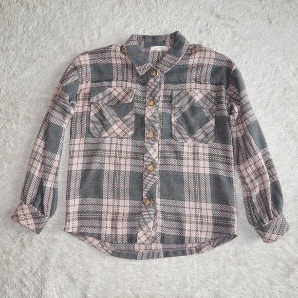 Mystree Tops - Women's Size Small Shacket Pink Plaid Soft Long Sleeve Flannel Button Down Shirt